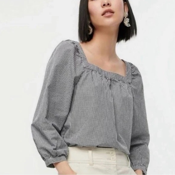 J. Crew Gingham Square Neck Puff Sleeve Blouse Black Size 4 - Picture 2 of 7